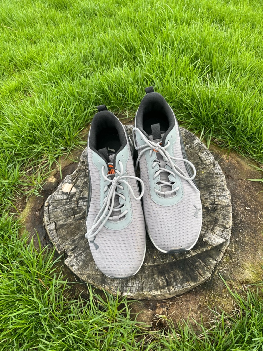 Puma Gray Mesh Slip-On Style Sneakers with Orange Logo Detail
